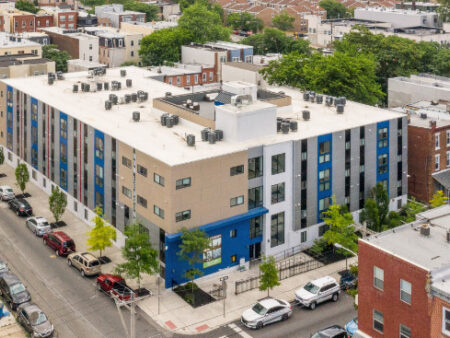 The Legacy at Powelton Village off-campus student apartment aerial building view in Philly